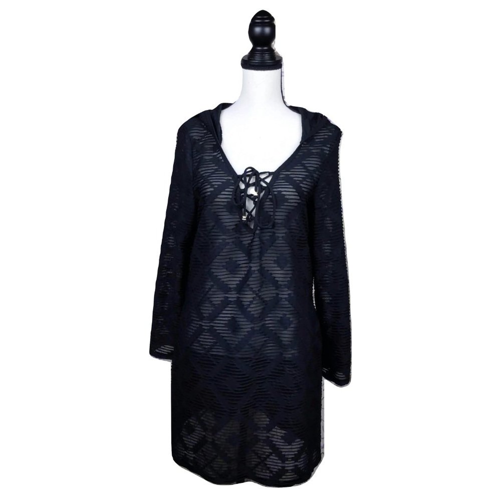 Dotti Swim Cover Up S Women's Black Diamond Pattern Hoodie Long Sleeve